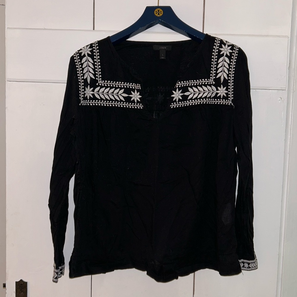 JCrew Black Cotton Embroidered Blouse